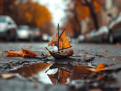 suburban street, pothole filled with water, a small nutshell with a sail made from an autumn leaf, ship of theseus style, stop motion animation, focus on the ship 