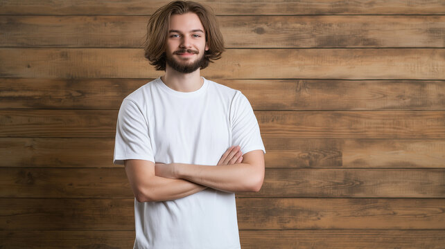 young man stands confidently with arms crossed, wearing plain white t shirt against rustic wooden background. warm tones of wood enhance casual and relaxed atmosphere