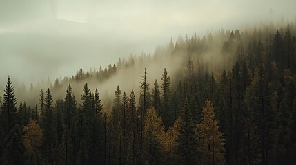 Naklejka premium Misty Mountain Forest Trees Enveloped In Fog