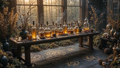 Magical potion-making scene with illuminated bottles and herbs on a wooden table in soft sunlight