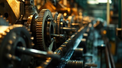 Naklejka premium Interlocking metal gears rotating smoothly within complex industrial machinery, showcasing the precision and power of a manufacturing process