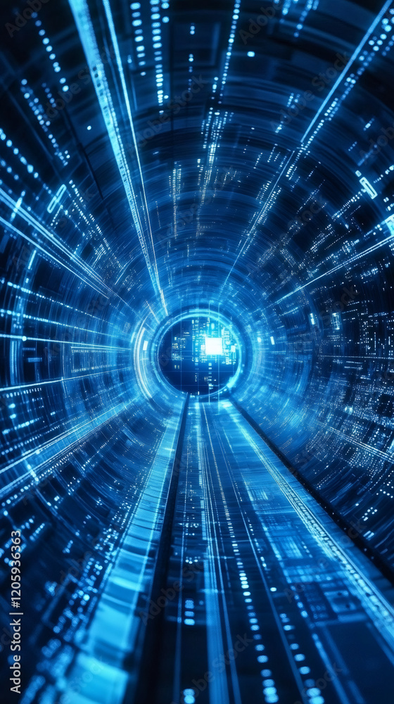 Aufkleber Futuristic cyberspace tunnel with binary code flowing at high speed, creating a sense of technological advancement and data transfer