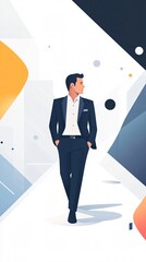 Obraz premium Confident Businessman Walking in Abstract City: A Modern Corporate Portrait