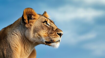 Naklejka premium Lioness in profile against the blue sky, close-up