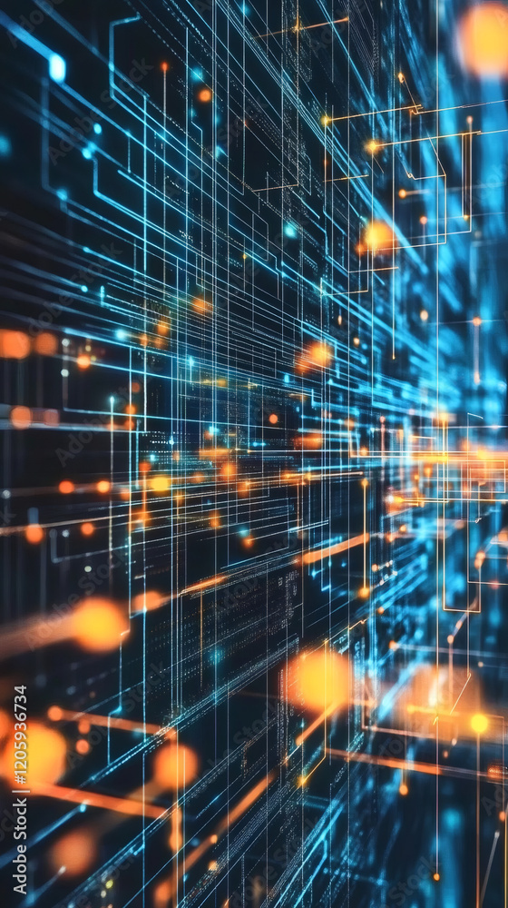 Poster futuristic cyberspace network with glowing lines and nodes representing data flow and connectivity i