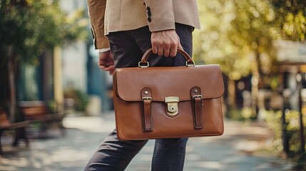 Man walking outdoors carrying a brown leather briefcase