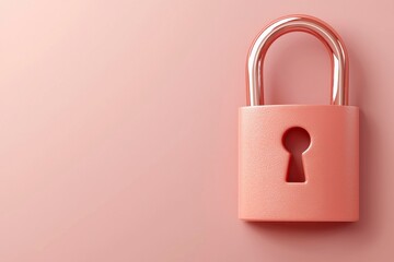 Fototapeta premium Closed padlock with shiny silver shackle on soft pink background for security and protection concepts