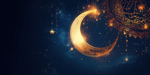Naklejka premium Crescent moon and stars illuminate intricate Islamic patterns in a serene night sky with vibrant tones