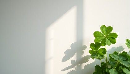 Сlassic white background with fresh bright green shamrock leaves for St. Patrick's Day celebration. Copy space. Card, post, banner, background, wallpaper