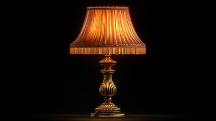 Vintage table lamp glowing with warm light, featuring ornate brass base and pleated fabric shade against dark background