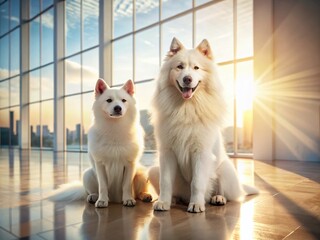Fluffy Friends: Samoyed and Mongrel Dog Breed Portrait in Modern Architectural Setting