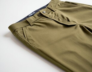 Detail view of stylish green trousers showcasing fabric texture and tailored design.