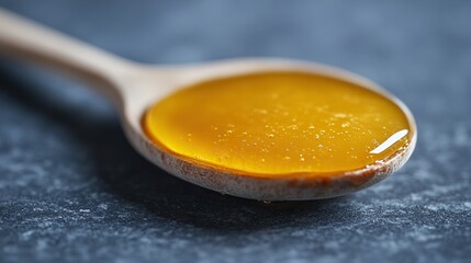Golden honey in wooden spoon on dark surface