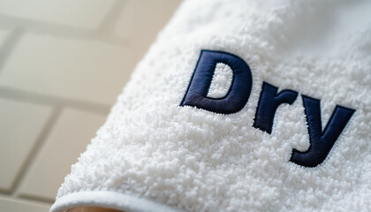 Realistic photo of a towel with Dry embroidered near the edge