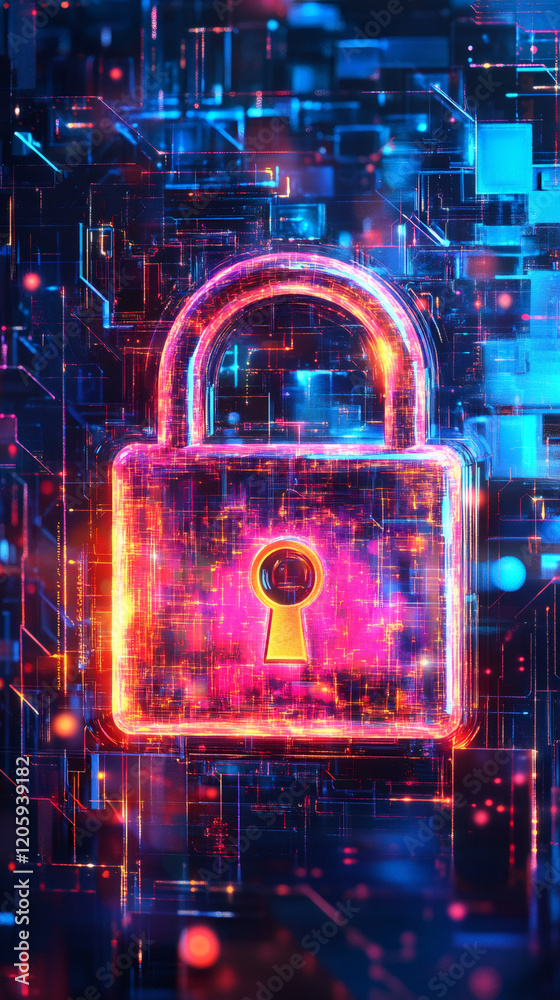 Poster Glowing padlock symbolizing cybersecurity, safeguarding sensitive data within a vibrant digital landscape filled with potential threats