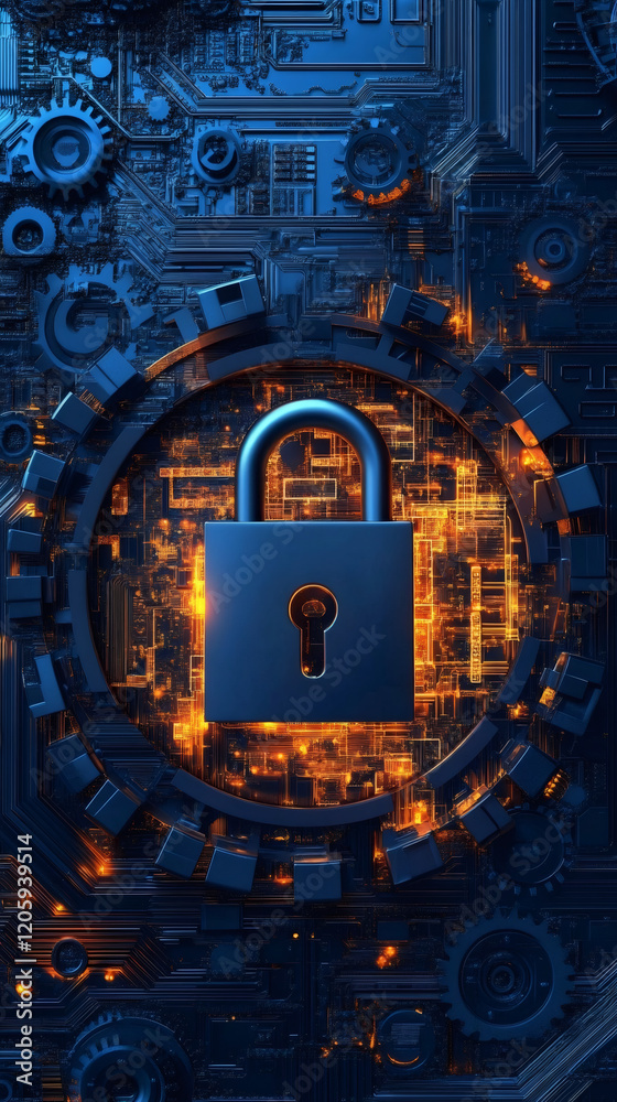 Aufkleber cybersecurity concept with closed padlock protecting an electronic circuit board and gears, data pri