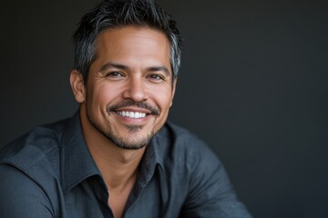 Obraz premium a Caucasian man, aged 30s to 50s, in minimal professional clothing, standing confidently with a relaxed, welcoming expression against a gray backdrop.
