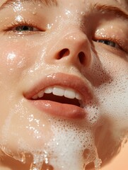 Fototapeta premium Close-up of woman's face covered in cleansing foam.