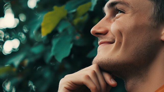 Thoughtful young man smiling gently while reflecting in a lush green outdoor setting surrounded by nature - Powered by Adobe