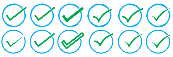 Vector check mark icons. A check mark icon indicates that the task has been completed or that the task has been approved for completion. Green checkbox 