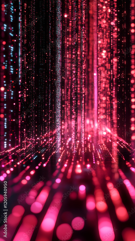 Poster falling pink and blue particles create mesmerizing light trails within a dark digital environment, e