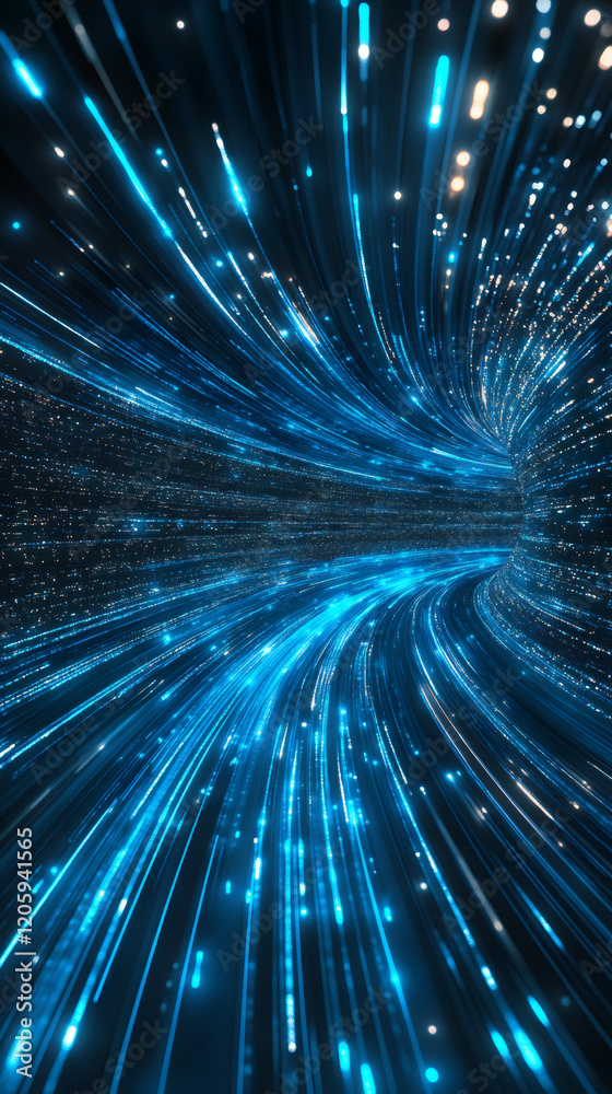 Poster luminous azure light streaks forming curved tunnel, blurred motion and glimmering particles against 