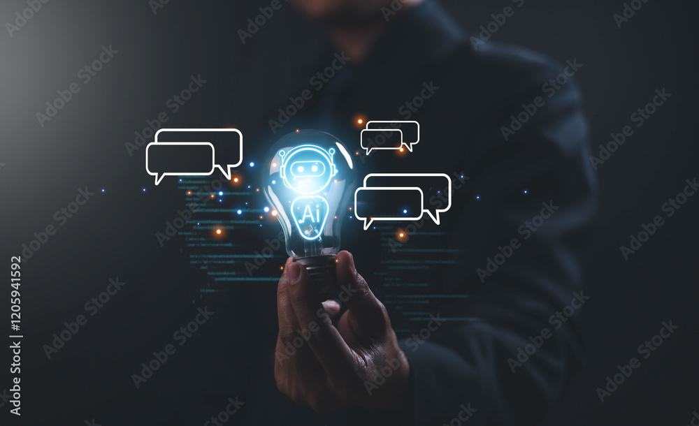 Poster Using AI chat in search and giving  to help in business has technology, to create computer concepts with robots as new digital software
