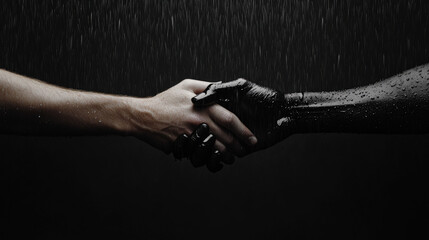 Two hands, one light and one dark, clasped together under a rainfall, symbolize solidarity and togetherness amid contrasting elements