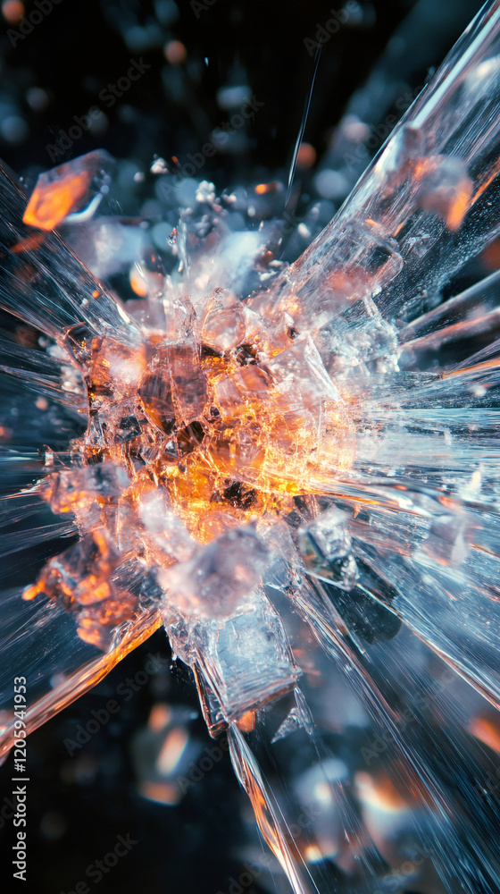 Aufkleber Illuminating broken ice with a warm orange light, creating an abstract and dynamic composition filled with energy and texture