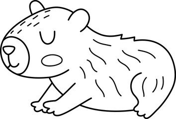 Vector black and white capybara icon. Cute line capibara sitting or lying with closed eyes. Funny happy animal illustration isolated on white background. Comic guinea pig clipart, coloring page