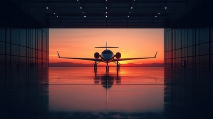 Single private jet illuminated by warm sunset light in an open hangar, creating a tranquil luxury atmosphere, hangar, sunset, private jet
