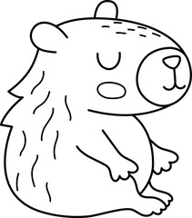 Vector black and white capybara icon. Cute line capibara sitting with closed eyes. Funny happy animal illustration isolated on white background. Comic trendy guinea pig clipart, coloring page