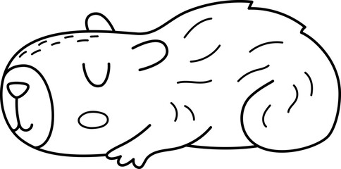 Vector black and white capybara icon. Cute capibara sitting or lying with closed eyes. Funny happy animal illustration isolated on white background. Comic line guinea pig clipart, coloring page