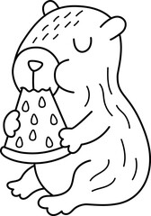 Vector black and white capybara icon. Cute line capibara sitting and eating watermelon with closed eyes. Funny animal illustration isolated on white background. guinea pig clipart, coloring page