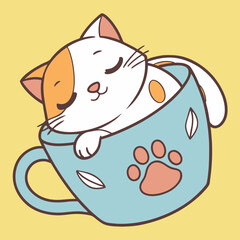 Cute cartoon cat sleeping in a blue coffee cup.
