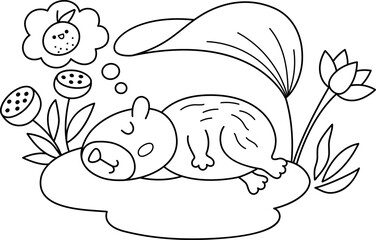 Vector black and white capybara icon. Cute line capibara sleeping on water lily leaf. Funny happy animal illustration isolated on white background. Comic trendy guinea pig clipart, coloring page