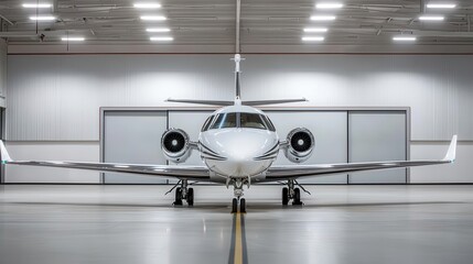 Sleek private jet parked in a modern hangar with dramatic lighting, showcasing luxury and exclusivity, private jet, airport hangar, luxury travel