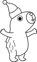 Vector black and white capybara icon. Cute line capibara in Santa hat. Funny animal Christmas or New Year illustration isolated on white background. Comic holiday guinea pig clipart, coloring page