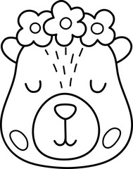 Vector black and white capybara head icon. Cute line capibara face with flowers. Funny animal illustration isolated on white background. Comic holiday guinea pig clipart, coloring page