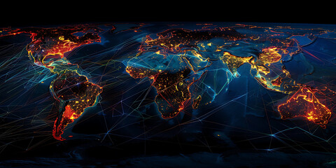 World map showing digital connectivity with glowing lines and nodes on continents against a dark background