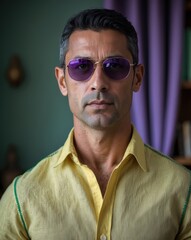 Fototapeta premium A confident man wearing sunglasses and a yellow shirt, set against a green backdrop, exuding a stylish and modern aesthetic.