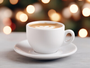 Fototapeta premium Coffee in white cup with bokeh lights. 