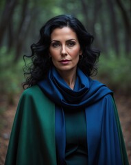 Naklejka premium A woman with dark, curly hair stands confidently in a forest, draped in a blue and green cloak, exuding an air of mystery and elegance.