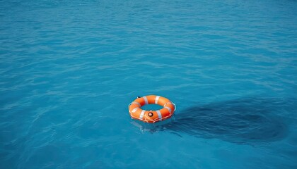 Obraz premium , Une bouée de sauvetage flottant dans une eau bleue paisible, Bouée de sauvetage, sécurité, secours, urgence, dispositif de flottaison, matériel, océan, natation, assistance.