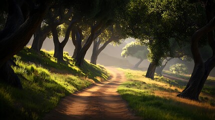 Sunlit path winding through a misty oak grove; idyllic landscape for travel or nature publications