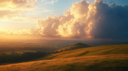 Obraz premium Golden sunset over rolling hills, dramatic clouds, rural valley backdrop, ideal scenic view