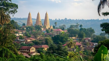 Obraz premium Three Golden Temples Overlooking Lush Green Village