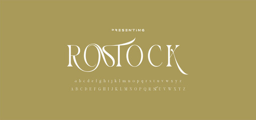 Luxury wedding alphabet letters font with tails. Typography elegant classic serif fonts and number decorative vintage retro concept for logo branding. vector illustration