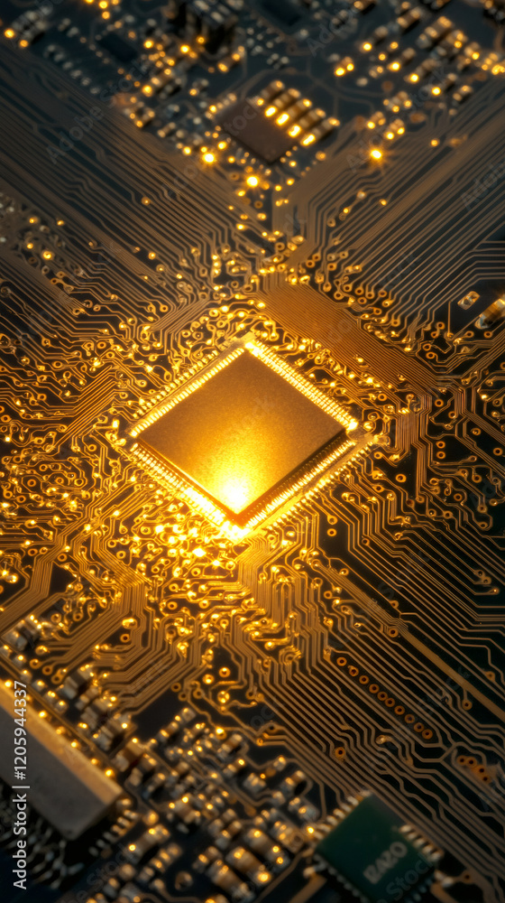 Poster close-up of a golden microchip glowing on a complex electronic circuit board, symbolizing technologi