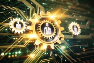 Fototapeta premium A glowing gear with people icons generative ai